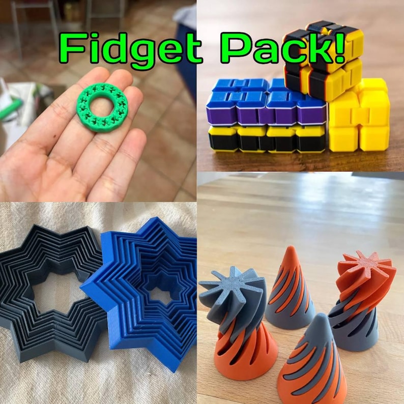 May include: A collection of fidget toys, including a green ring, a multi-colored cube, star-shaped cookie cutters in blue and gray, and orange and gray spiral-shaped objects. The text "Fidget Pack!" is displayed in green.