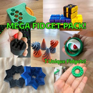 Könnte beinhalten: Eine Sammlung von sieben einzigartigen Zappelspielzeugen in verschiedenen Formen und Farben. Enthält ein grün-oranges Zahnrad-Fidget, einen Zauberwürfel und ein schwarz-rotes Schalthebel-Fidget. Text lautet "MEGA FIDGET PACK!" und "7 Unique Fidgets!"