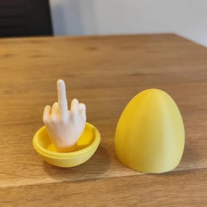 May include: A yellow egg-shaped object and a yellow dish with a hand giving the middle finger. The hand is light-colored and the dish is round. The egg is smooth and solid.