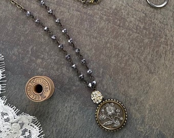 Vintage Button Necklace / Victorian Button / Pendant / Under 50 /Steampunk /Upcycled / Handmade Jewelry / Boho / Gift for Her /Fast Shipping