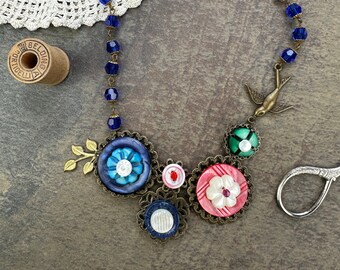 Vintage Button Necklace / Beaded / Upcycled / Steampunk / Handmade Jewelry / Statement / Floral / Notion / Gift for Her / Mother of Pearl