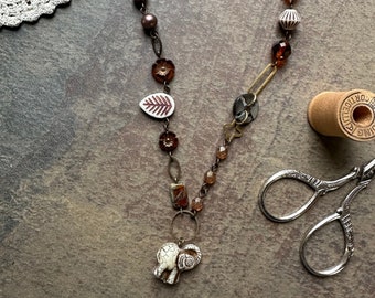 Vintage Button Necklace / Steampunk / Beaded / Upcycle / Under 50 /Handmade Jewelry / Boho  / Elephant Charm / notion / Gift for Her