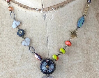 Vintage Button Necklace / Beaded / Handmade Jewelry / Boho / Upcycled / Steampunk / notionbyleandra / Gift for Her / Composition Button