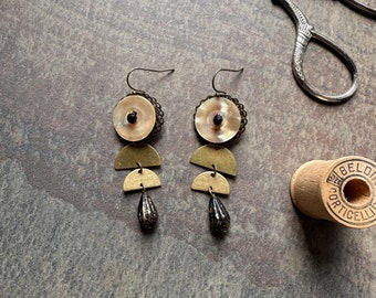 Vintage Button Earrings / Dangle / Drop / Boho / Handmade Jewelry / Upcycled / Steampunk / Gift for Her / Under 25 / Notionbyleandra /