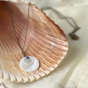 May include: A delicate necklace with a white, layered pendant and a small blue accent stone. The pendant is suspended from a thin, antique-style chain. The necklace rests on a large, textured seashell.