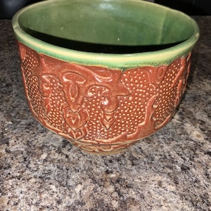 Antique Hull Planter, Brownish Copper and Green Glaze, 6.25 inches tall, 7.3 inches wide
