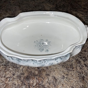 Antique T. & R. Boote Lucania Ironstone Tureen Base, 11 inches long, 3 inches tall, Shell Inspired Design, Blue Flower Transferware, amazing
