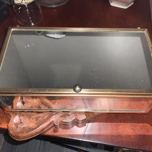 May include: A rectangular display case with a mirrored interior and a gold-colored metal frame. The case has a glass top and a small, round knob. The base of the case is supported by a carved wooden structure.