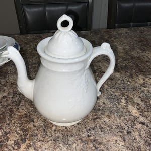 Antique Victorian H. Burgess White Ironstone coffee/Tea Pot, Strawberry and Grape Leaf pattern, 9.75 inches tall, 9.5 inches handle to spout