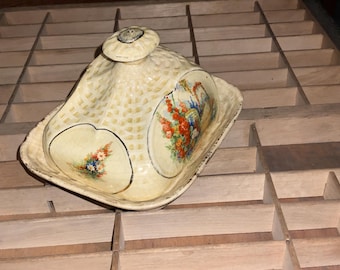 Antique Covered Butter/Cheese Dish, likely Lancaster Sandland, England, Garden Scene, crazed and stained