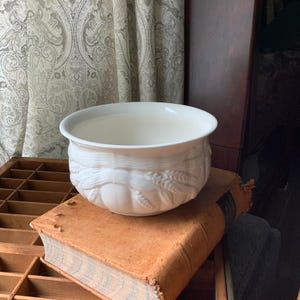 May include: A white ceramic bowl with embossed wheat and fruit designs. The bowl sits atop a vintage book with a worn, tan cover. The background includes a patterned curtain and a wooden cabinet.