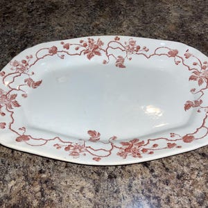 May include: An oval-shaped white ceramic serving platter featuring a decorative border of reddish-brown botanical illustrations depicting trailing vines, leaves, and small flowers that frame the smooth, plain center of the dish.