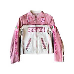 Rose et blanc pour femme, veste en cuir de course Ferrari, veste de motard vintage fabriquée à la main