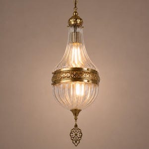 Murano-stil glashängelampa, ribbad takkrona i klarglas i mässing
