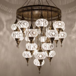 Lámpara Turca Extra Grande 25 Globos, Iluminación de Escalera Techos Altos, Candelabro Mosaico Blanco Entrada, Lámpara Colgante Marroquí