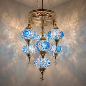 Lámpara Turca 7 Globos, Lámpara de Techo Mosaico Azul, Colgante Marroquí, Iluminación Boho para Entrada, Lámpara de Cristal