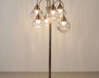 Lámpara de Pie de Latón Antiguo, Luz de 5 Globos de Vidrio Acanalado, Lámpara de Esquina Art Deco para Sala de Estar, Iluminación Vintage