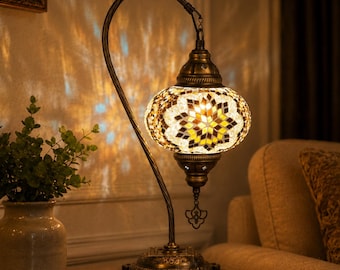 Glas Mozaïek Zwanenhals Tafellamp, 10 Kleuren Globe Bedlamp, Boho Bureaulamp voor Cadeau, Café & Slaapkamer