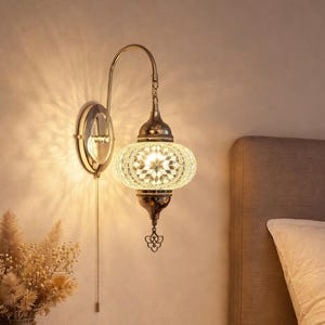Pull Chain Sconce Wall Light, Handmade Mosaic Sconce, Moroccan White Glass Wall Lamp, Vintage Boho Bedside Light, Authentic Ottoman Decor