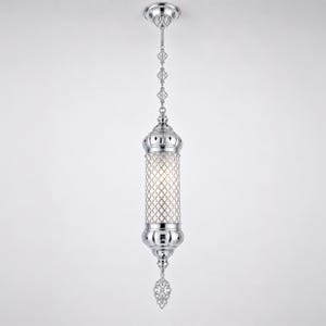 May include: A polished chrome pendant light fixture featuring a cylindrical body with an intricate lattice overlay. The lamp hangs from a matching chain and canopy, terminating in a decorative filigree finial at the bottom.