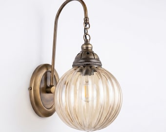 Vintage Glass Wall Sconce, Boho Brass Bedside Lamp, Rustic Hallway Light Fixture