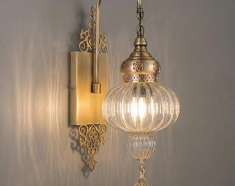 Handblown Glass Turkish Sconce, Antique Brass Moroccan Wall Light, Oriental Boho Decor