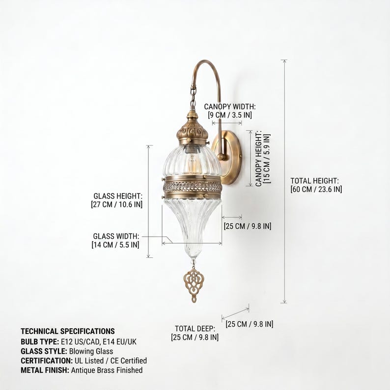 May include: A wall sconce with an antique brass finish and a clear ribbed glass shade. Dimensions include a 23.6 inch total height, 10.6 inch glass height, 5.5 inch glass width, 3.5 inch canopy width, 5.9 inch canopy height, and 9.8 inch depth.