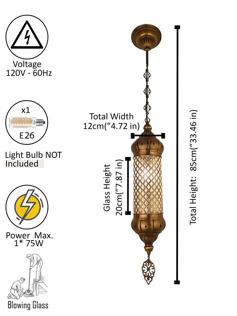 May include: A brass-colored pendant light with a cylindrical glass shade featuring a diamond-patterned metal overlay. It has a total height of 33.46 inches, a width of 4.72 inches, and a glass height of 7.87 inches. Requires one E26 75W bulb.