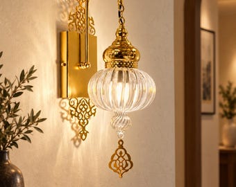 Gold Wall Sconce with Clear Blown Glass, Plug-In or Hardwired Light