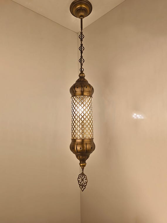 Antique Brass Lantern Pendant Light, Handblown Crackle Glass Cylinder Lamp, Ornate Entryway Ceiling Fixture
