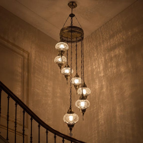 Cascading Chandelier, 7 Globe Crackle Glass, Vintage Brass Entryway Light Fixture