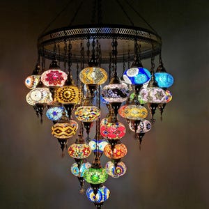 Entryway Large Turkish Mosaic Chandelier 37 Globes, Unique Turkish Chandeliers, Morrocan Chandelier Lighting Sets, Living Room Hanging Lamps