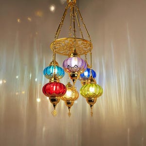 Pendant Chandelier Light Fixture, Living Room Chandelier Lantern, 6 Glass Shade Chandelier Turkish Lighting