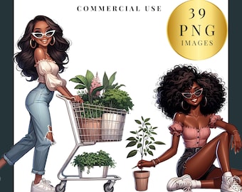 Plant lover clip art | Black women png | garden clip art | transparent background clipart | png images | Commercial use clip art | plant