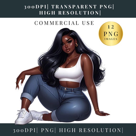 Curvy Girl Clipart | Black women clipart | Curvy Beauty Clipart | African American Woman PNG | Women of Color Illustrations | PNG Clip art