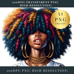 Afro schwarzes Mädchen Clipart, PNG Frauen mit Afro, Sublimation Png, großes Haar Afro Clipart, schwarzes Mädchen mit her, digitaler Download, transparent