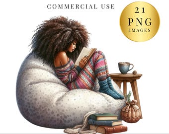 May include: Digital illustration of a person reading while seated on a large, white beanbag chair. The person is wearing colorful pajamas and blue socks. A small wooden table holds a mug and a decorative item. The image includes the text "21 PNG IMAGES".