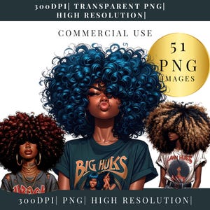 Clipart fille noire, PNG femmes avec Afro, Sublimation Png, Clipart Afro gros cheveux, fille noire avec bof, téléchargement numérique, Transparent