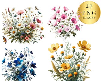 27 flores silvestres PNG / Imágenes prediseñadas de flores silvestres / Imágenes PNG de flores silvestres / Descarga digital / Uso comercial / Fondo transparente