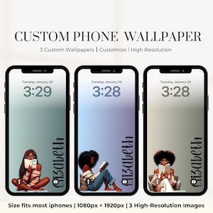 May include: Three customizable phone wallpapers featuring a woman reading a book. Each wallpaper has a different color gradient background and the text "Tuesday, January 28" and the time displayed. The text "Elizabeth" is written vertically on the right side of each wallpaper. The text "Size fits most iPhones | 1080px × 1920px | 3 High-Resolution Images" is at the bottom of the image.