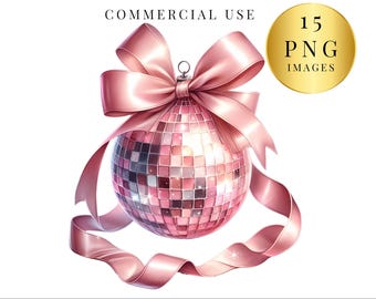 Coquette Disco Ball PNG Clipart Graphic,  Pink Bow Clip Art, Soft Girl Social Club Aesthetic New Year Sublimination Design PNG , 300 DPI