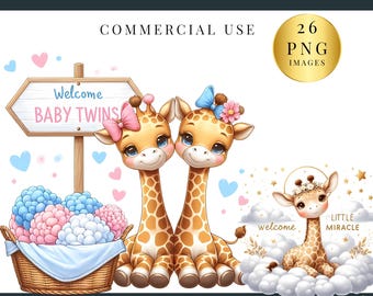 26 PNG | Użytek komercyjny | Witamy Baby Clipart | Wydruki cyfrowe | Przezroczysty PNG | Słodka żyrafa, Baby Giraffe clipart | Baby Shower