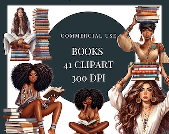 Op de afbeelding: Digitale clipart met illustraties van vrouwen met boeken. De afbeelding bevat de tekst "BOOKS 41 CLIPART 300 DPI" en "TRANSPARENT PNG | HIGH RESOLUTION CLIPART". De vrouwen worden afgebeeld in verschillende poses met stapels boeken.