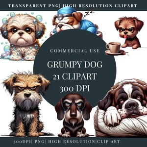 May include: A set of 21 digital illustrations of grumpy dogs in various poses. The illustrations are in a cartoon style and feature a variety of dog breeds, including a bulldog, a dachshund, a Shih Tzu, and a Saint Bernard. The illustrations are perfect for use in digital projects, such as websites, social media, and presentations.