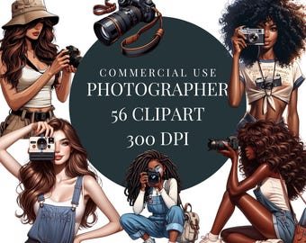 Könnte beinhalten: Digitales Clipart mit Illustrationen von Frauen mit Kameras. Das Bild enthält den Text "Commercial Use Photographer 56 Clipart 300 DPI" und "Transparent PNG High Resolution Clipart". Die Illustrationen sind in verschiedenen Posen.
