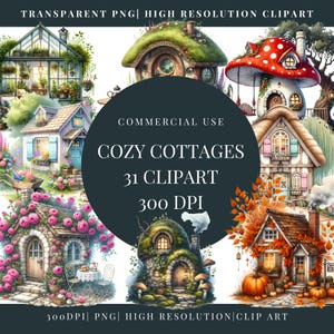May include: A digital clipart set of 31 illustrations featuring cozy cottages in various styles, including a mushroom house, a stone cottage with vines, and a gingerbread house. The illustrations are in a whimsical style and are perfect for adding a touch of charm to your projects.