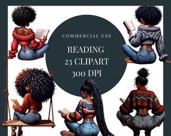 Puede incluir: Conjunto de cinco ilustraciones digitales de mujeres negras leyendo libros. Las mujeres llevan jeans y jerséis de varios colores y estilos. Las ilustraciones son de estilo de dibujos animados y tienen una alta resolución de 300 DPI.