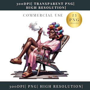 May include: A woman in a pink dressing gown sits in a wooden rocking chair with her legs crossed. She has colourful hair rollers in her hair and is holding a lit cigarette in her right hand. She is wearing leopard print slippers.
