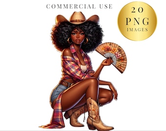 May include: Digital illustration of a woman in a cowboy hat, plaid shirt, denim shorts, and cowboy boots, holding a fan. The image includes text that reads "COMMERCIAL USE" and "20 PNG IMAGES".
