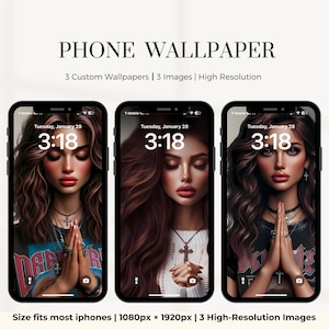 May include: Three phone wallpapers featuring a woman with long brown hair, wearing a black shirt and a silver necklace with a cross pendant. The woman is praying with her hands clasped together. The phone screen displays the time and date, "Tuesday, January 28, 3:18".